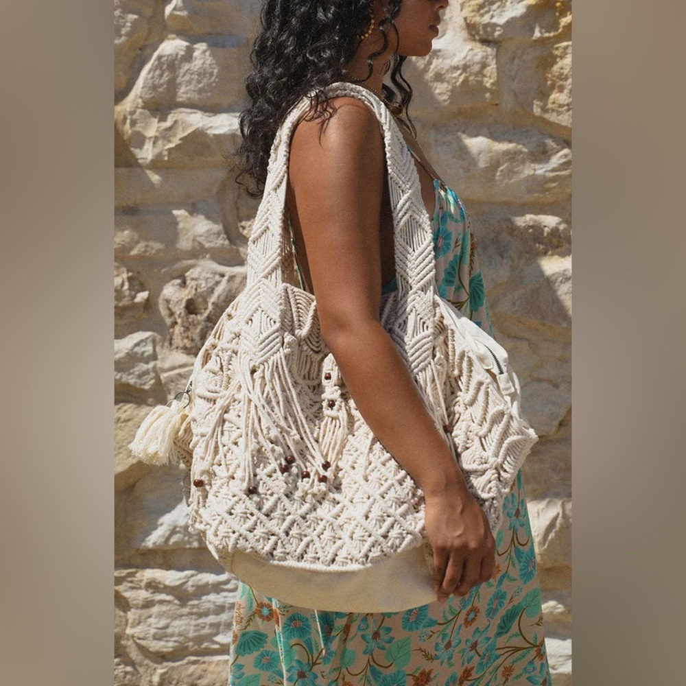 Spell Anthropologie “Sister Honey” Cream Macrame Boho Beach Tote Shoulder Bag - Picture 2 of 8
